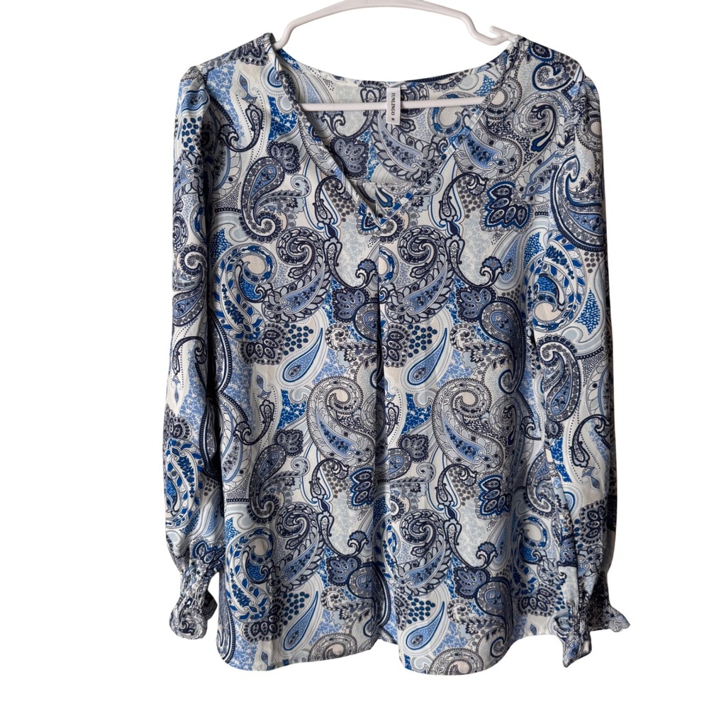 Funlingo Womens Blue White Paisley V-Neck Long Sleeve Smocked Cuff Blouse Size M